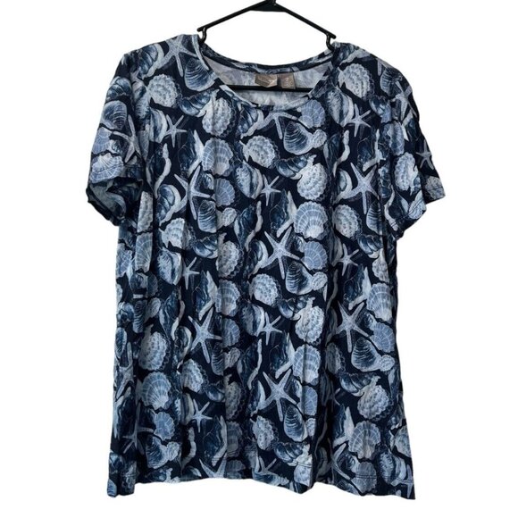 Chico's Size 2 Blue Cotton Modal Tee Shirt Seashell Nautical Beach Travel Modern - Picture 1 of 8